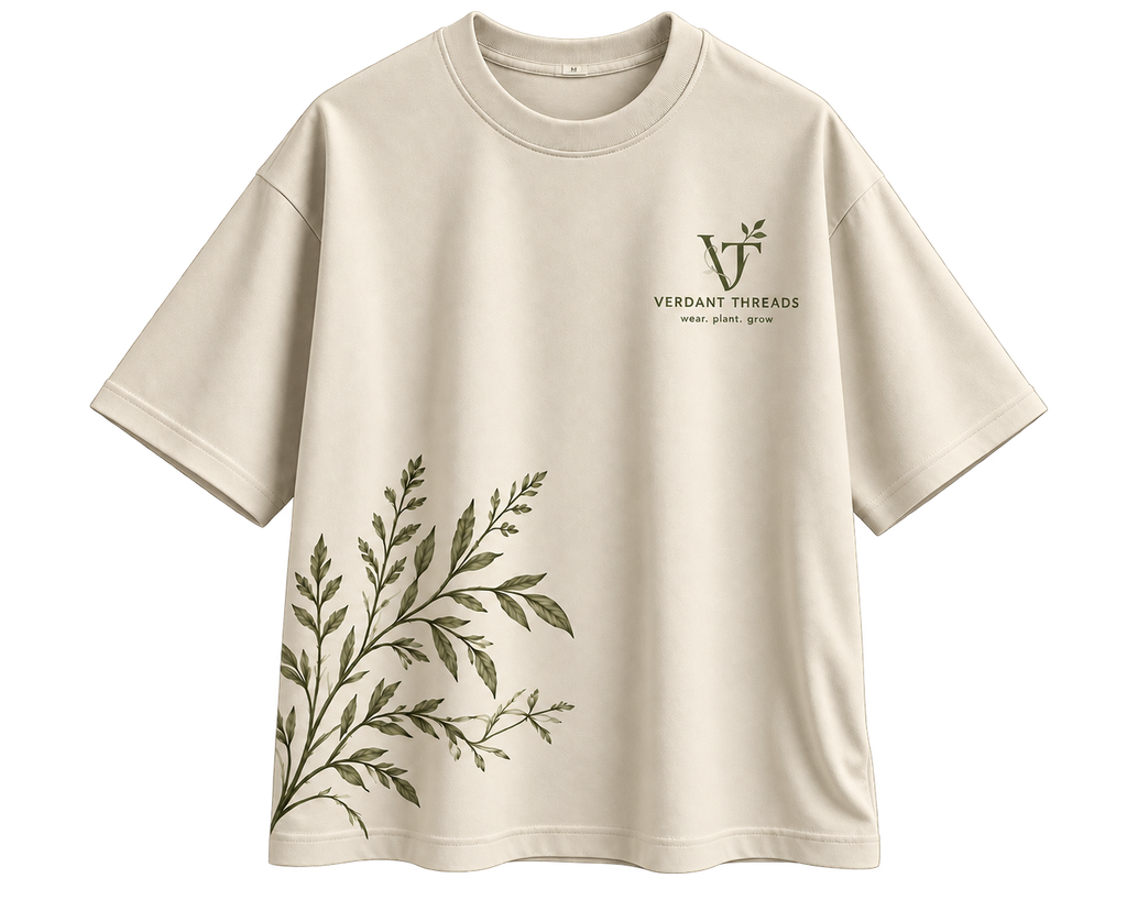 Canopy Tee — cream shirt with a small Verdant Threads logo and botanical branches emerging from the lower corner