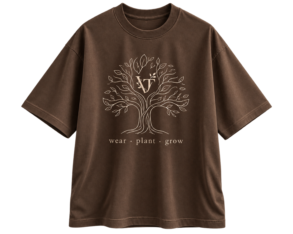 Timber Tee — brown shirt with a full illustrated tree, roots and trunk, and the Verdant Threads wordmark